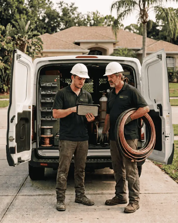 Professional Systems electricians and HVAC technicians at the service van outside a Mobile, AL home