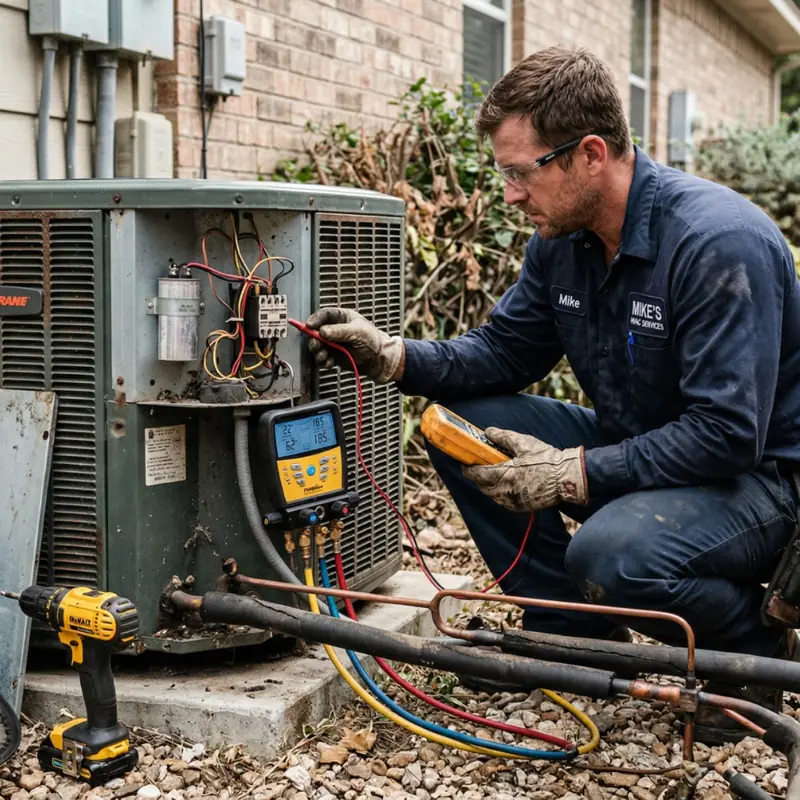 AC repair technician diagnosing outdoor HVAC unit in Mobile, AL with gauges and multimeter