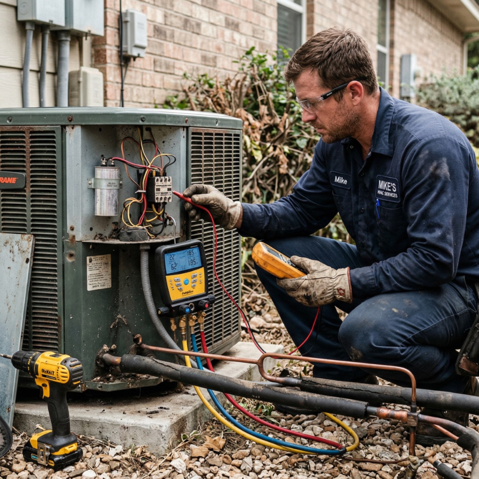 AC repair technician diagnosing outdoor HVAC unit in Mobile, AL with gauges and multimeter