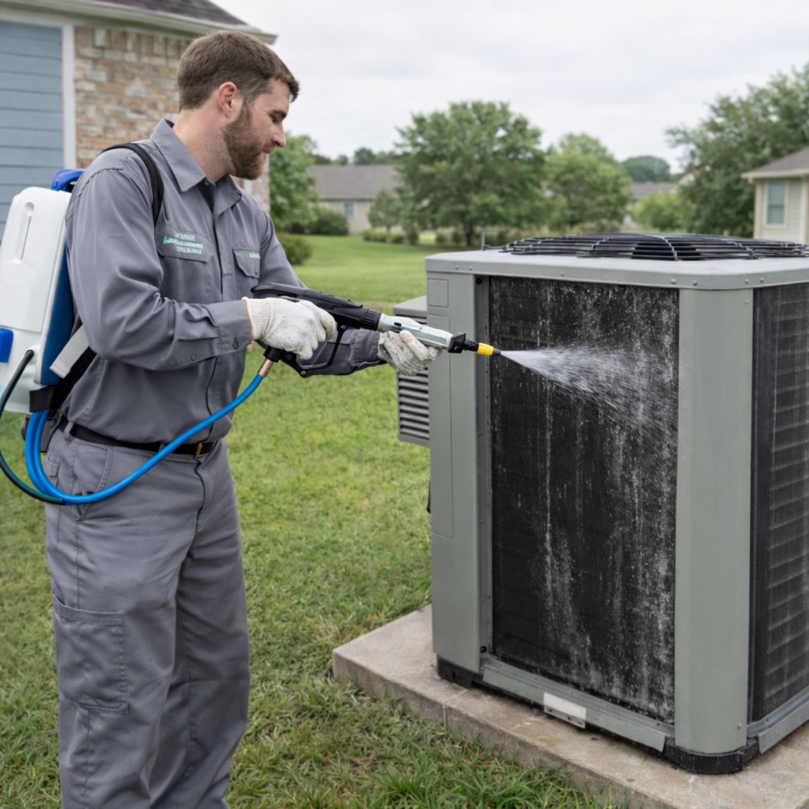 HVAC technician cleaning the outdoor coils of a residential AC unit during a seasonal maintenance tune-up.