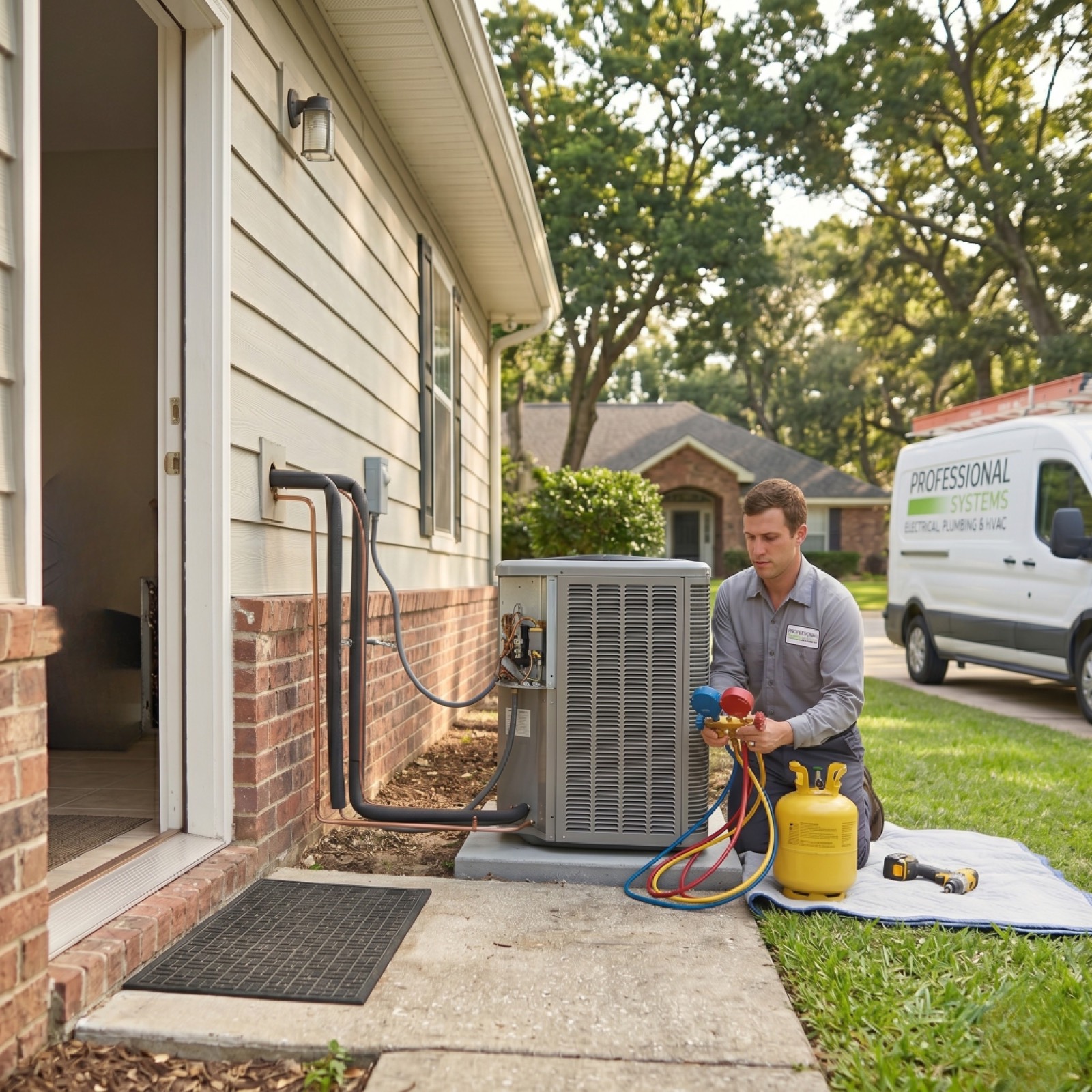 HVAC technician repairing residential AC unit in Mobile Alabama using manifold gauges