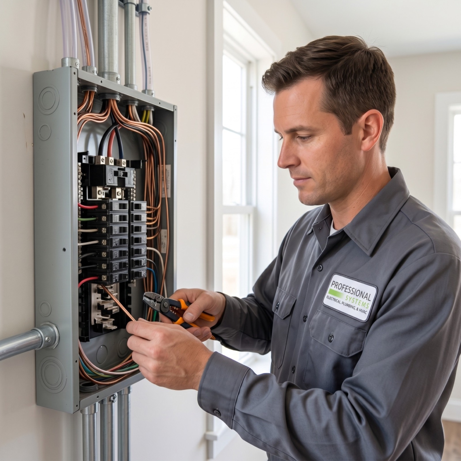 Pro Systems electrician installing a new residential electrical panel during a Mobile, AL service upgrade.