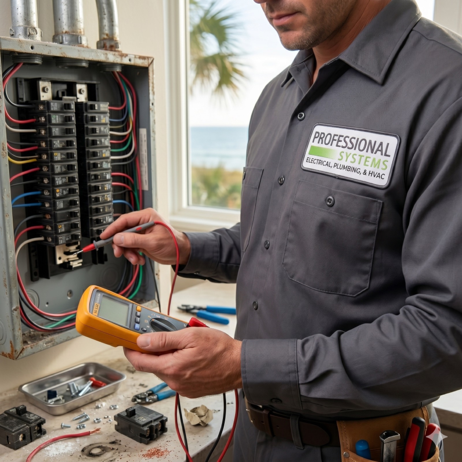 Pro Systems electrician using a multimeter to diagnose a residential breaker panel during an electrical repair.