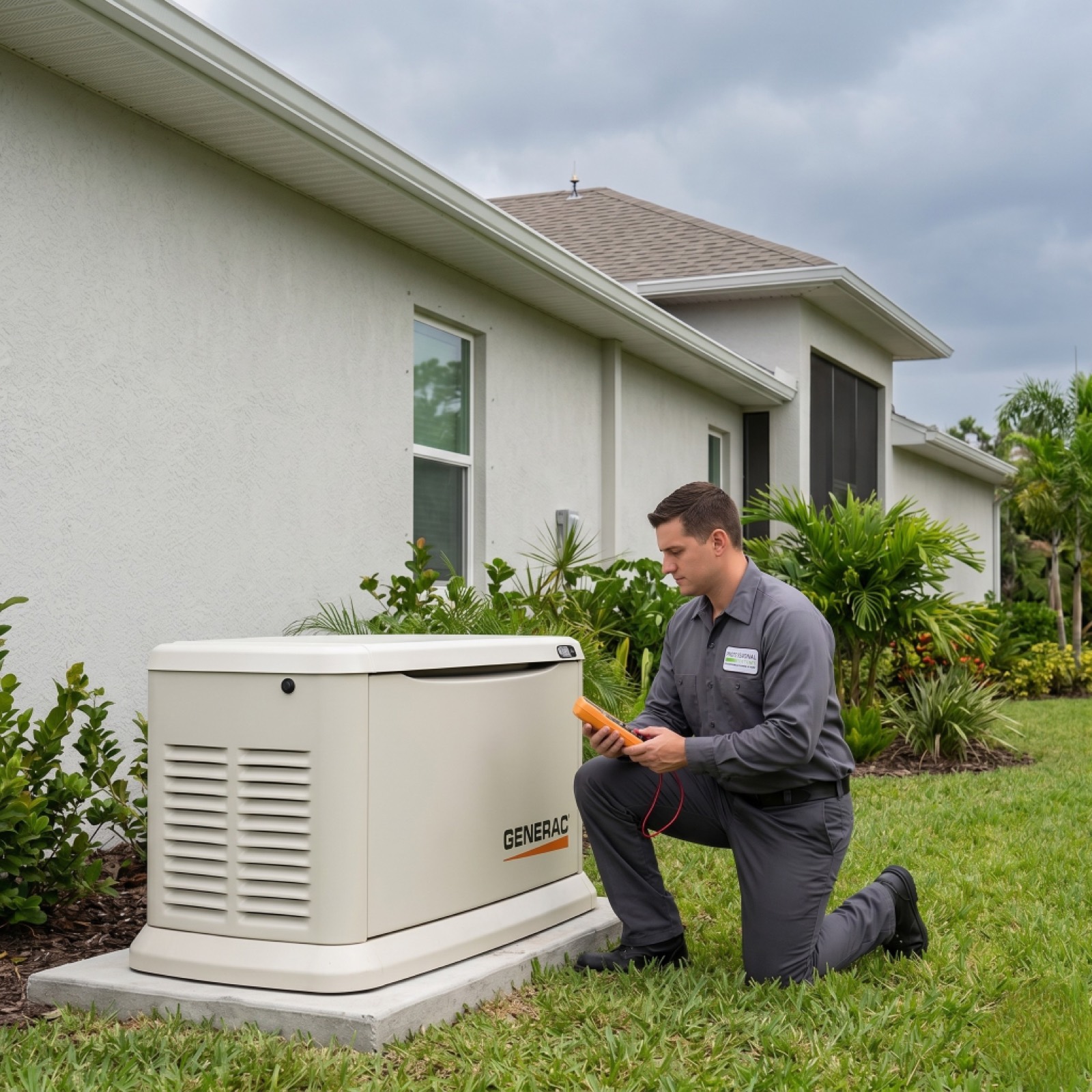 Pro Systems electrician inspecting a Generac standby generator beside a Gulf Coast home with lightning protection on the roof.