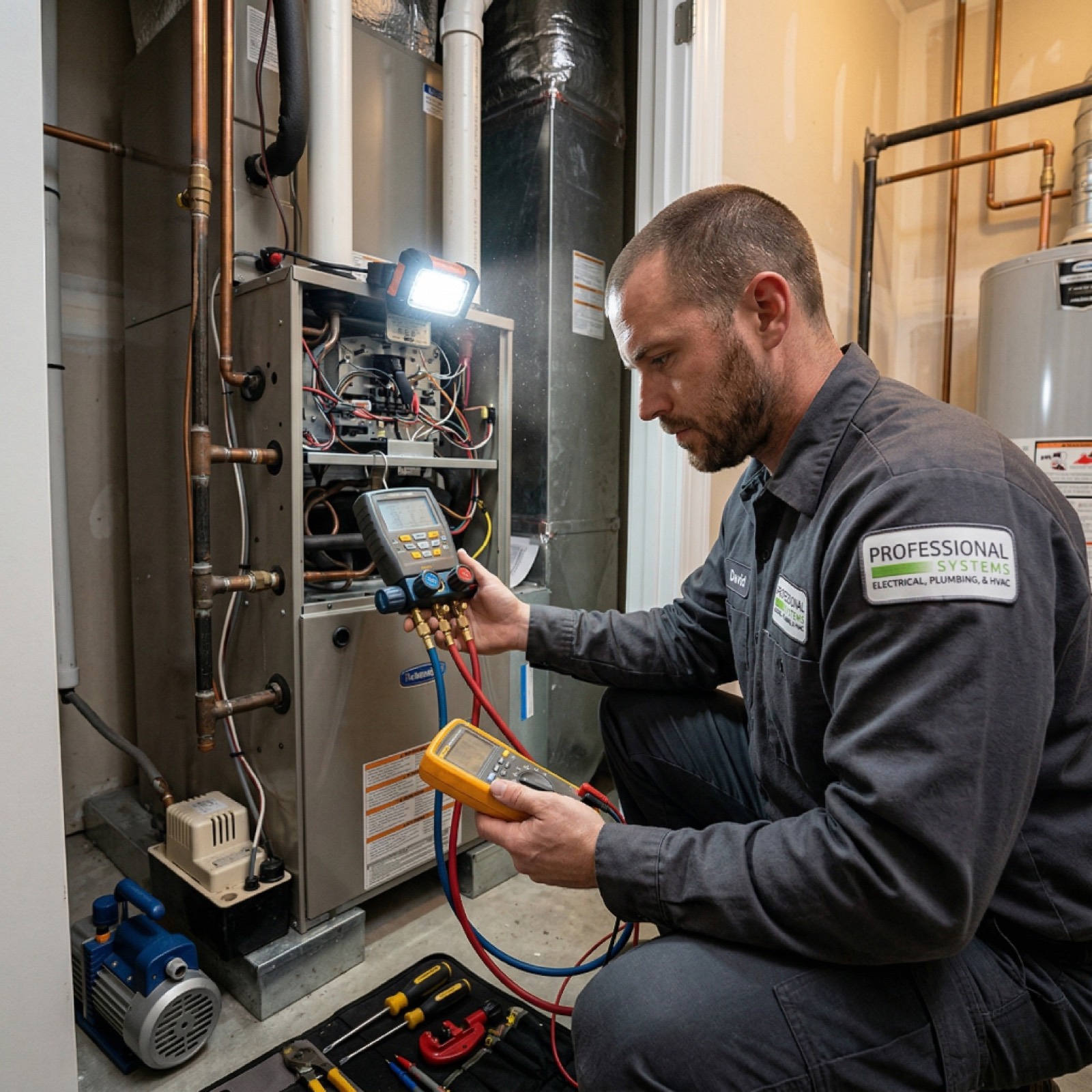 HVAC technician repairing furnace system in Mobile Alabama home