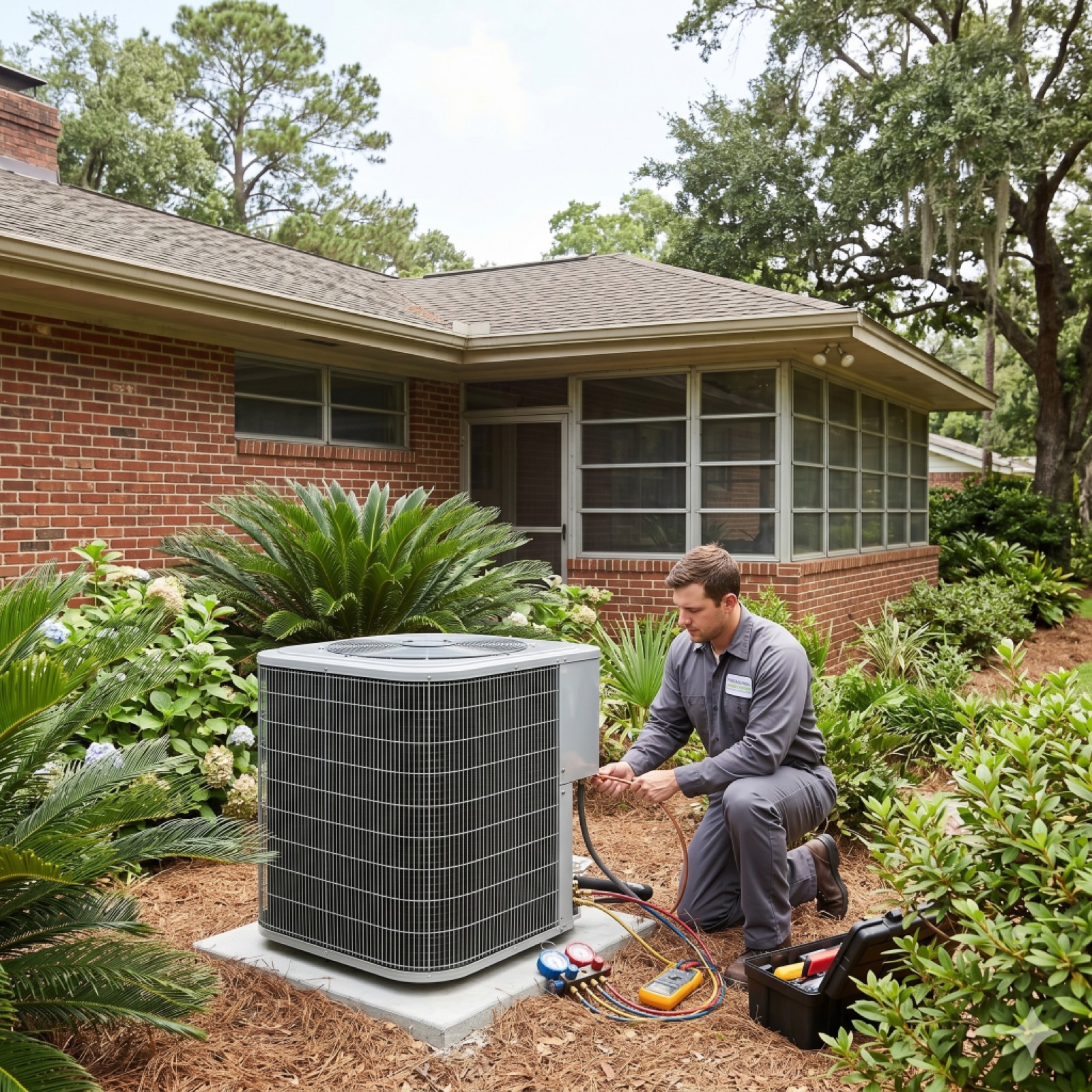 HVAC technician repairing outdoor air conditioning unit beside brick home with landscaped yard