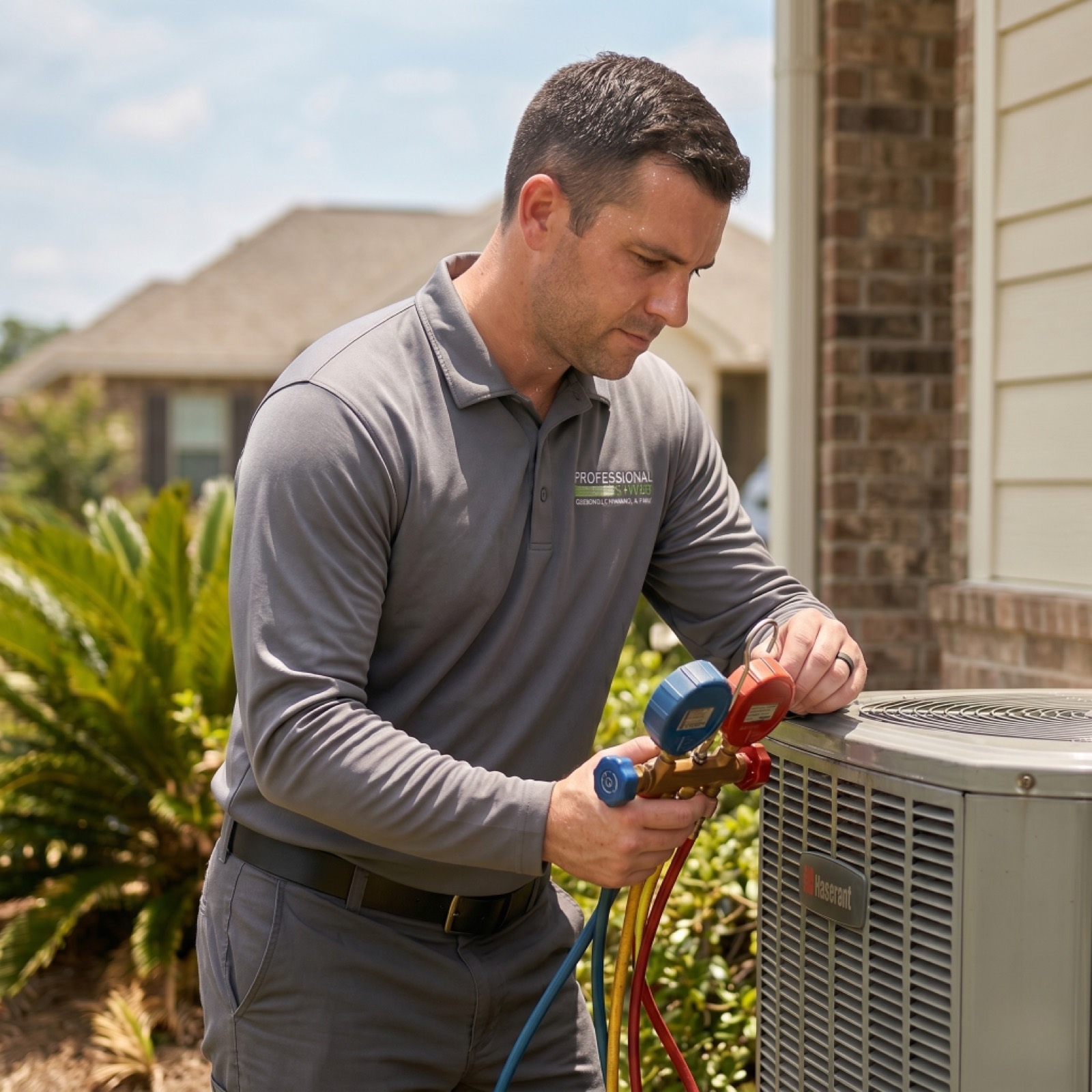 A professional HVAC technician checking refrigerant levels on an outdoor AC condenser unit with manifold gauges at a suburban home. Focused technician performing maintenance.