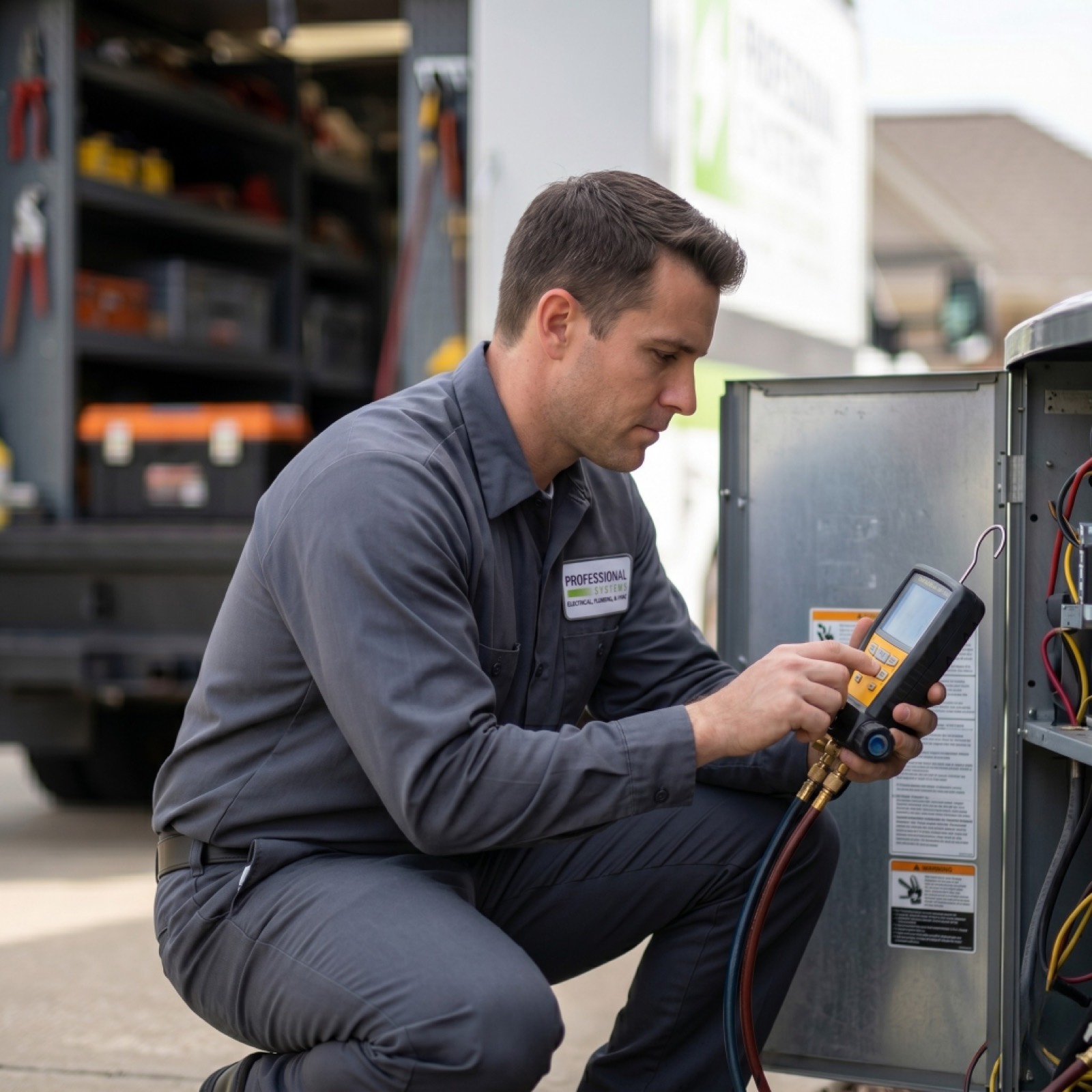 HVAC technician diagnosing AC unit with manifold gauge in Mobile, AL