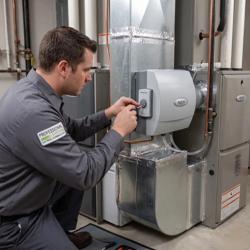 Whole-home dehumidifier installed alongside a residential air handler with insulated flex ductwork and digital humidity control