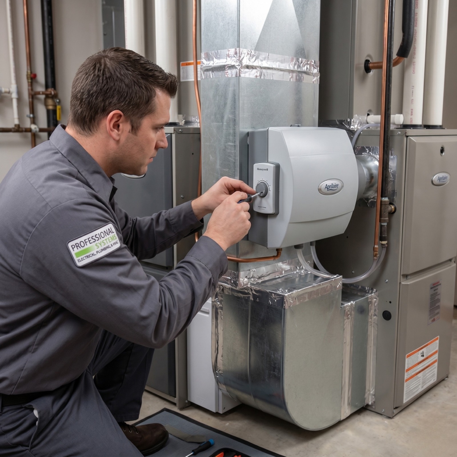 Whole-home dehumidifier installed alongside a residential air handler with insulated flex ductwork and digital humidity control