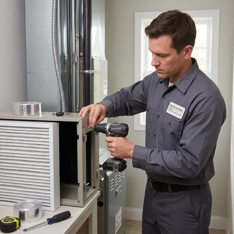 Technician adjusting the humidistat on a newly installed whole-home humidifier integrated with a residential HVAC system