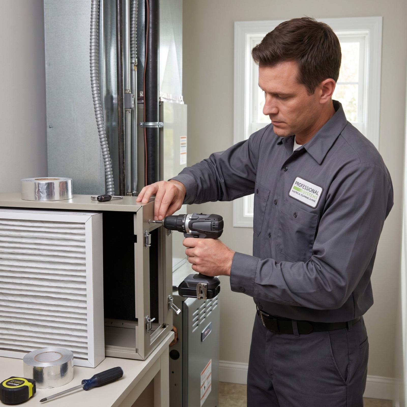 Technician adjusting the humidistat on a newly installed whole-home humidifier integrated with a residential HVAC system