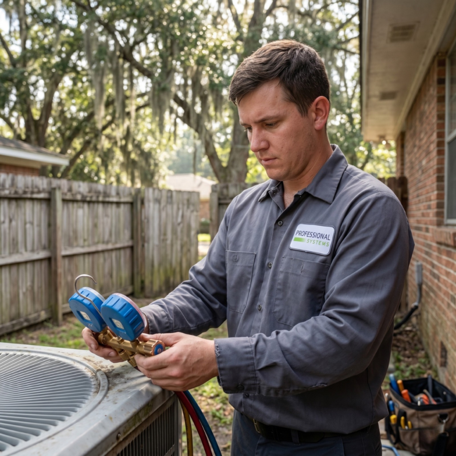 Pro Systems HVAC technician servicing an outdoor AC unit at a Midtown Mobile home.