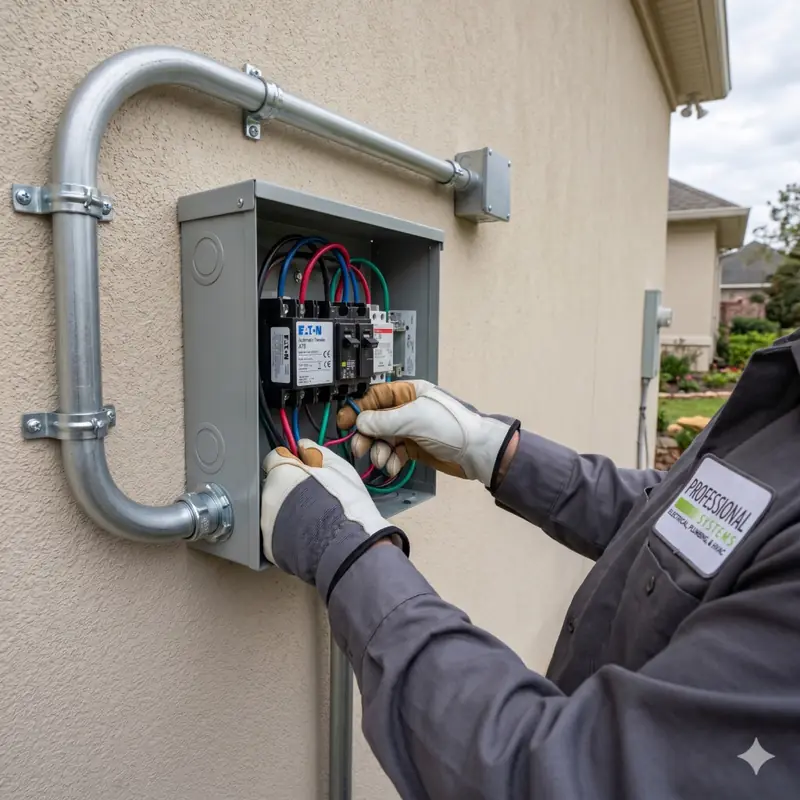 Professional Systems electrician wiring an automatic transfer switch as part of a code-compliant home generator install in Mobile, AL.