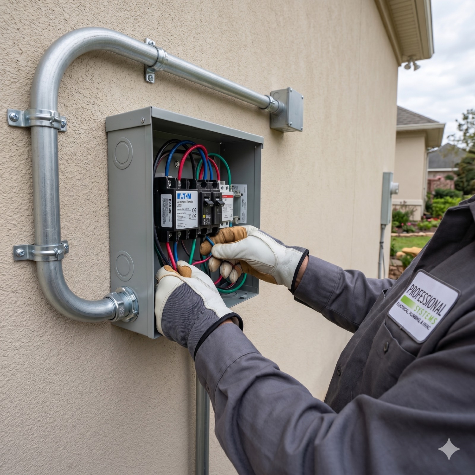 Professional Systems electrician wiring an automatic transfer switch as part of a code-compliant home generator install in Mobile, AL.