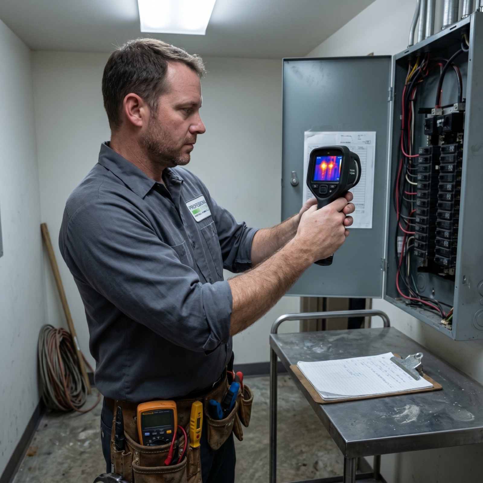 Pro Systems electrician using a thermal imaging camera on a commercial electrical panel during an inspection in Mobile, Alabama.