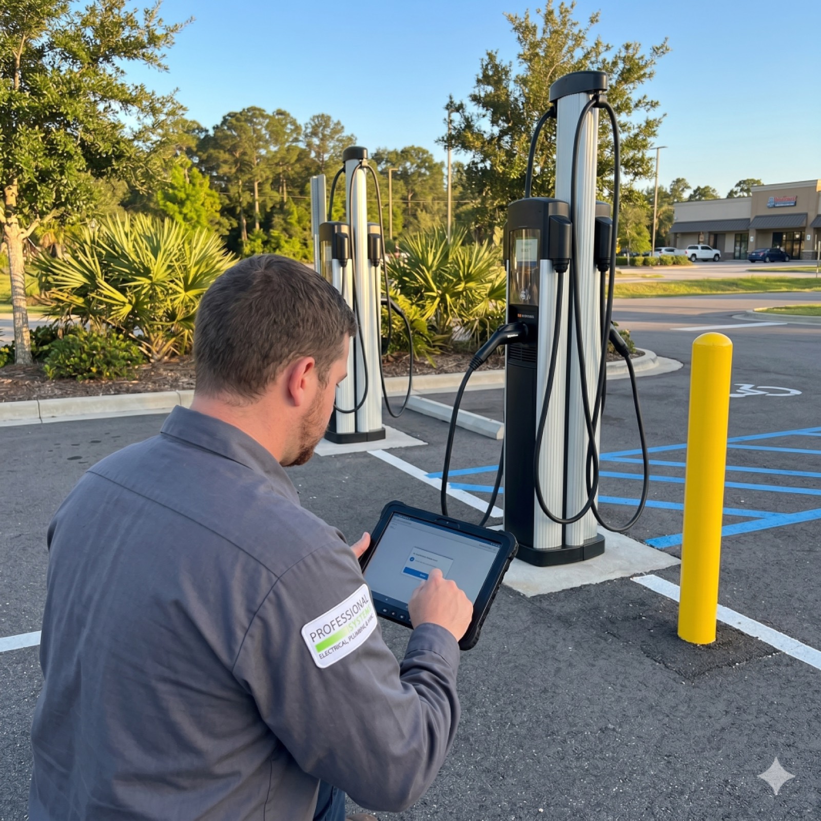 Pro Systems electrician commissioning networked commercial EV charging stations at a Gulf Coast business.