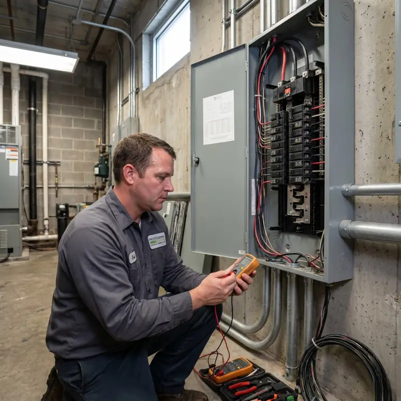 Pro Systems electrician testing a 400-amp commercial service panel during a circuit breaker upgrade in Mobile, AL.