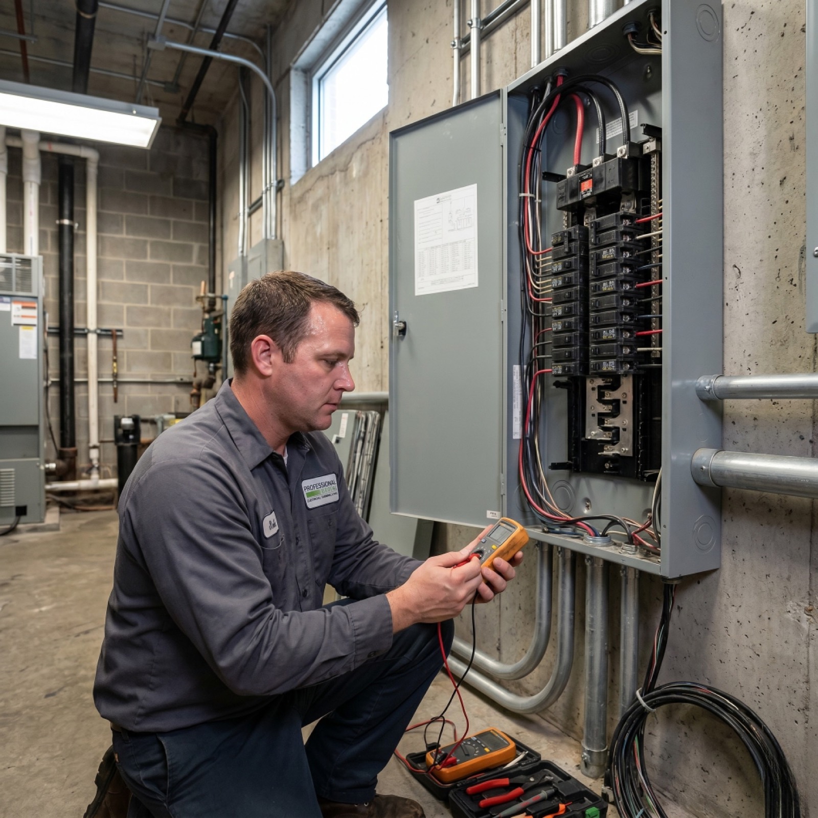 Pro Systems electrician testing a 400-amp commercial service panel during a circuit breaker upgrade in Mobile, AL.