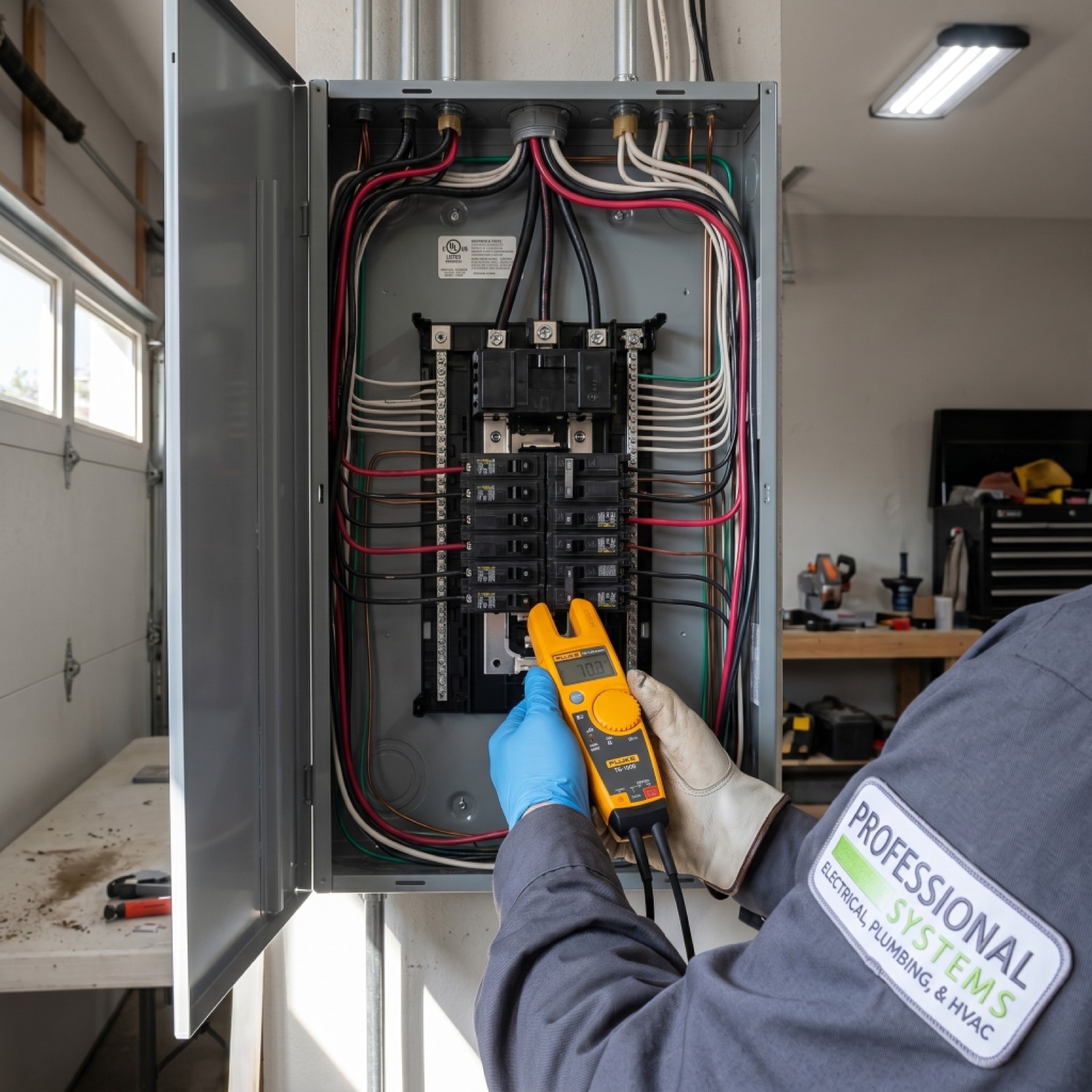 Newly installed 200-amp electrical panel with whole-home surge protection ready for an EV charger circuit.