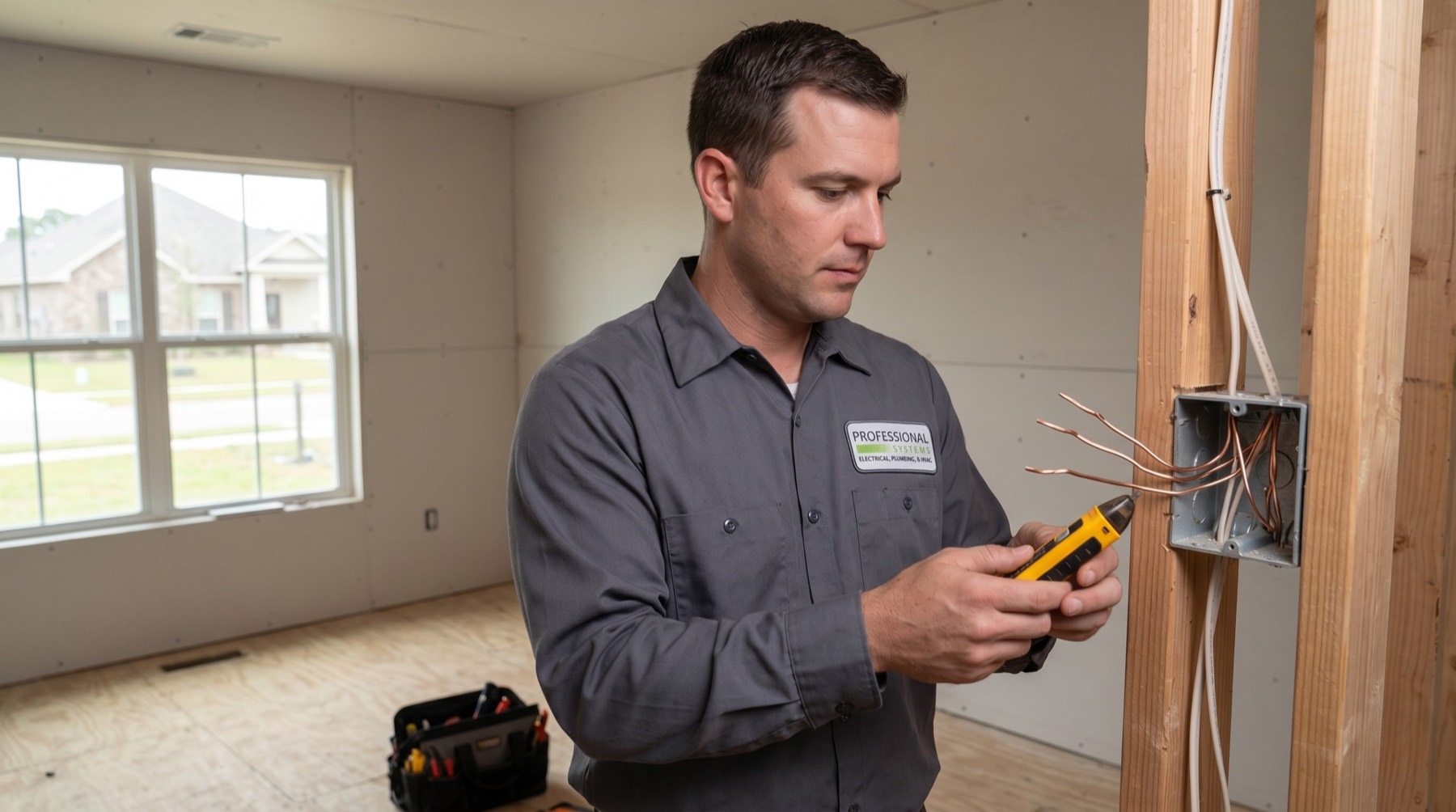 Licensed electrician running new copper wiring during a whole-house rewire in Mobile, AL