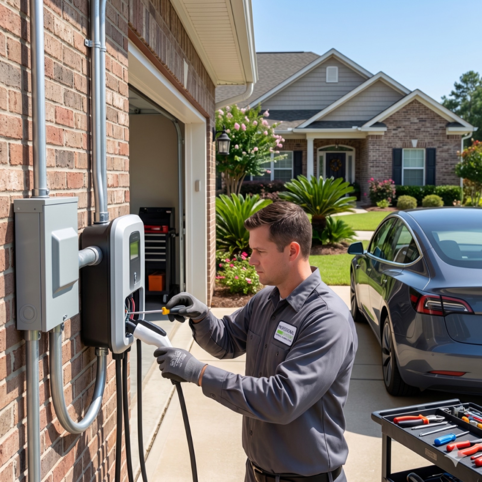 Licensed electrician installing a 240V EV charger circuit at a residential garage in Mobile, AL.