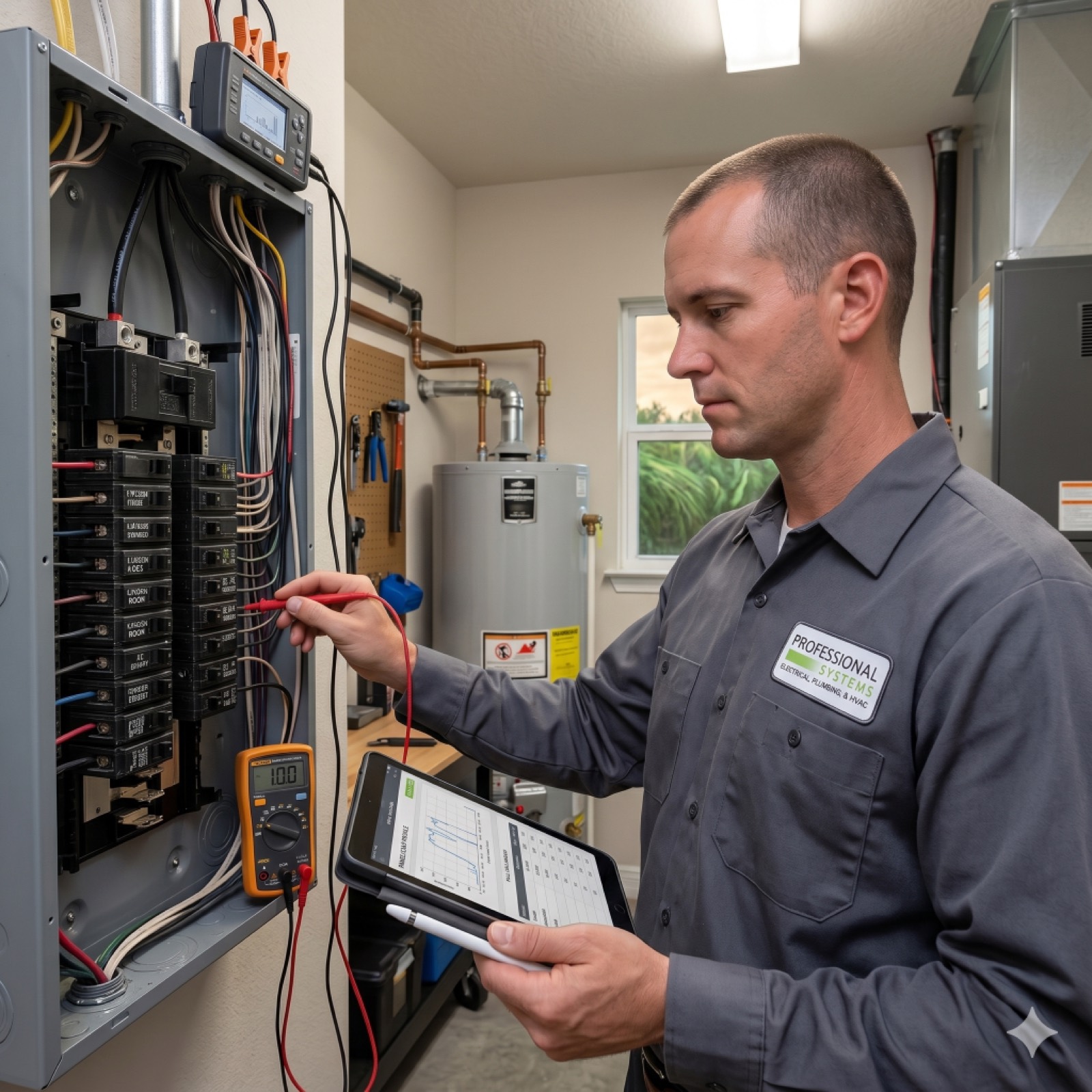 Licensed electrician performing a residential load assessment on an electrical panel before generator installation in Mobile, AL.