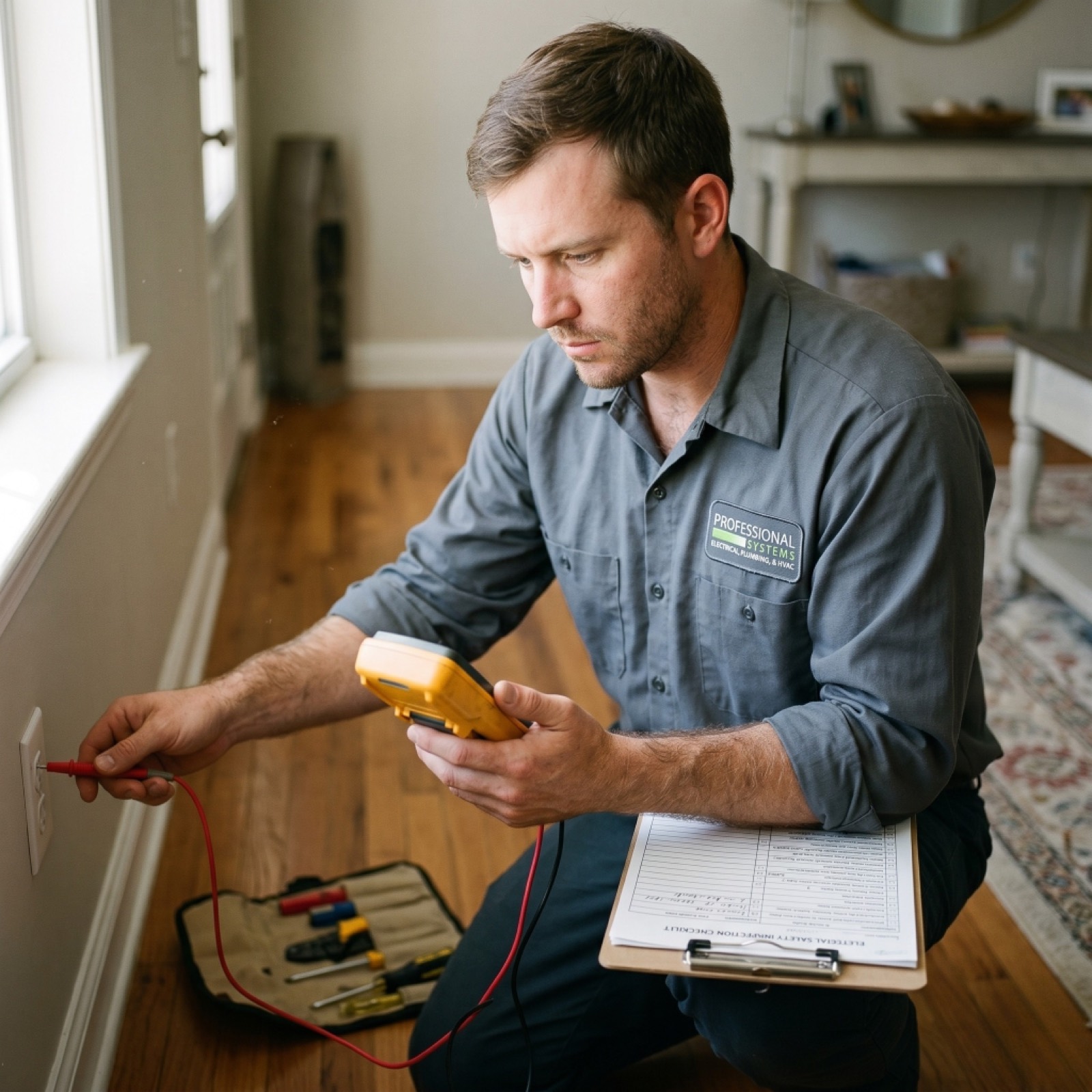 Pro Systems electrician testing a residential outlet during a home electrical safety inspection in Mobile, Alabama.
