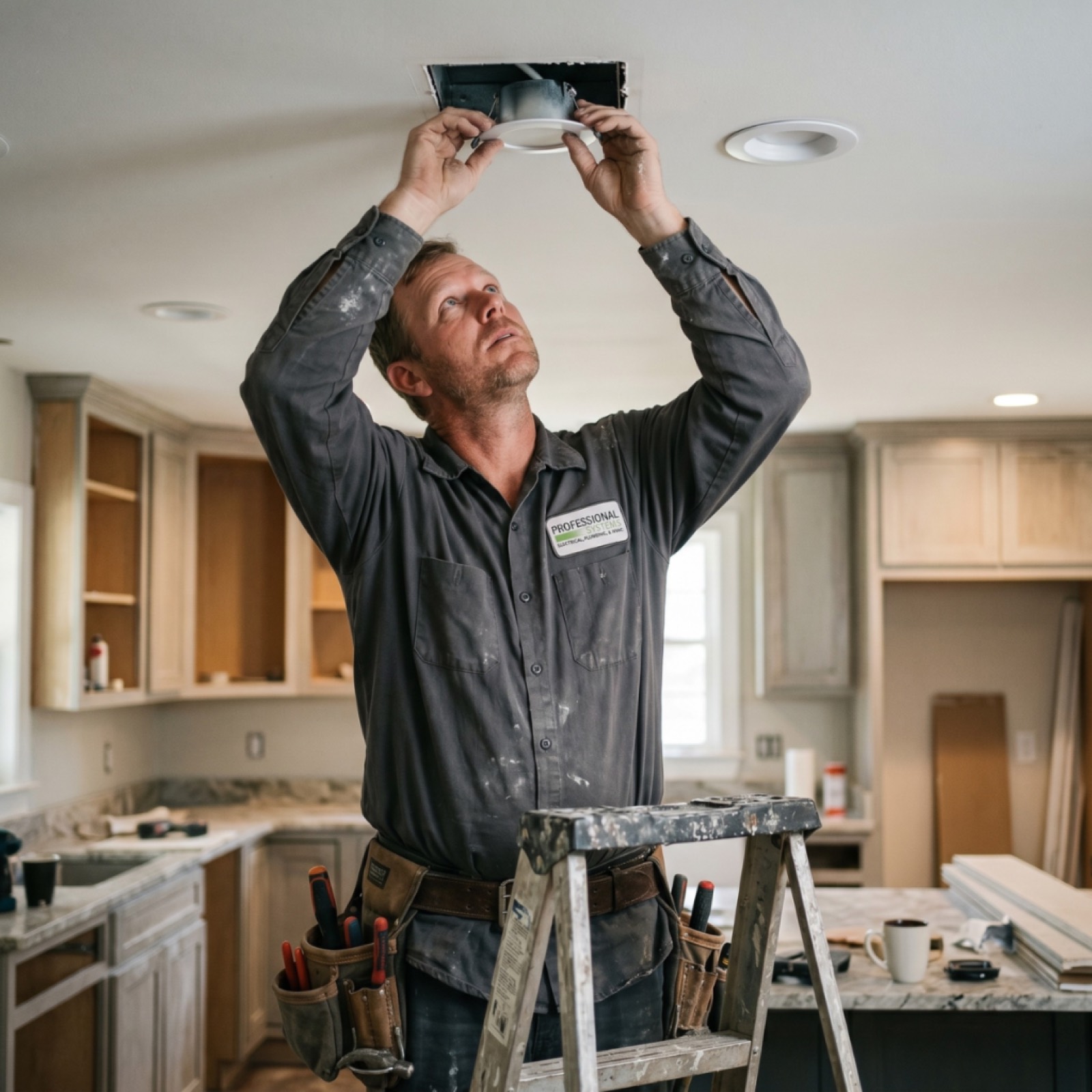 Professional Systems electrician installing recessed can lighting during an indoor light fixture installation in Mobile, AL