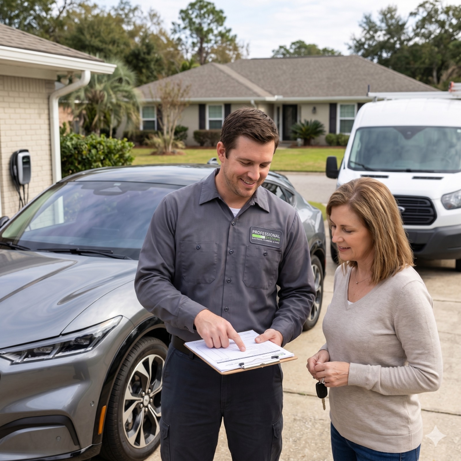 Licensed electrician completing a Level 2 home EV charger installation in a Gulf Coast garage.