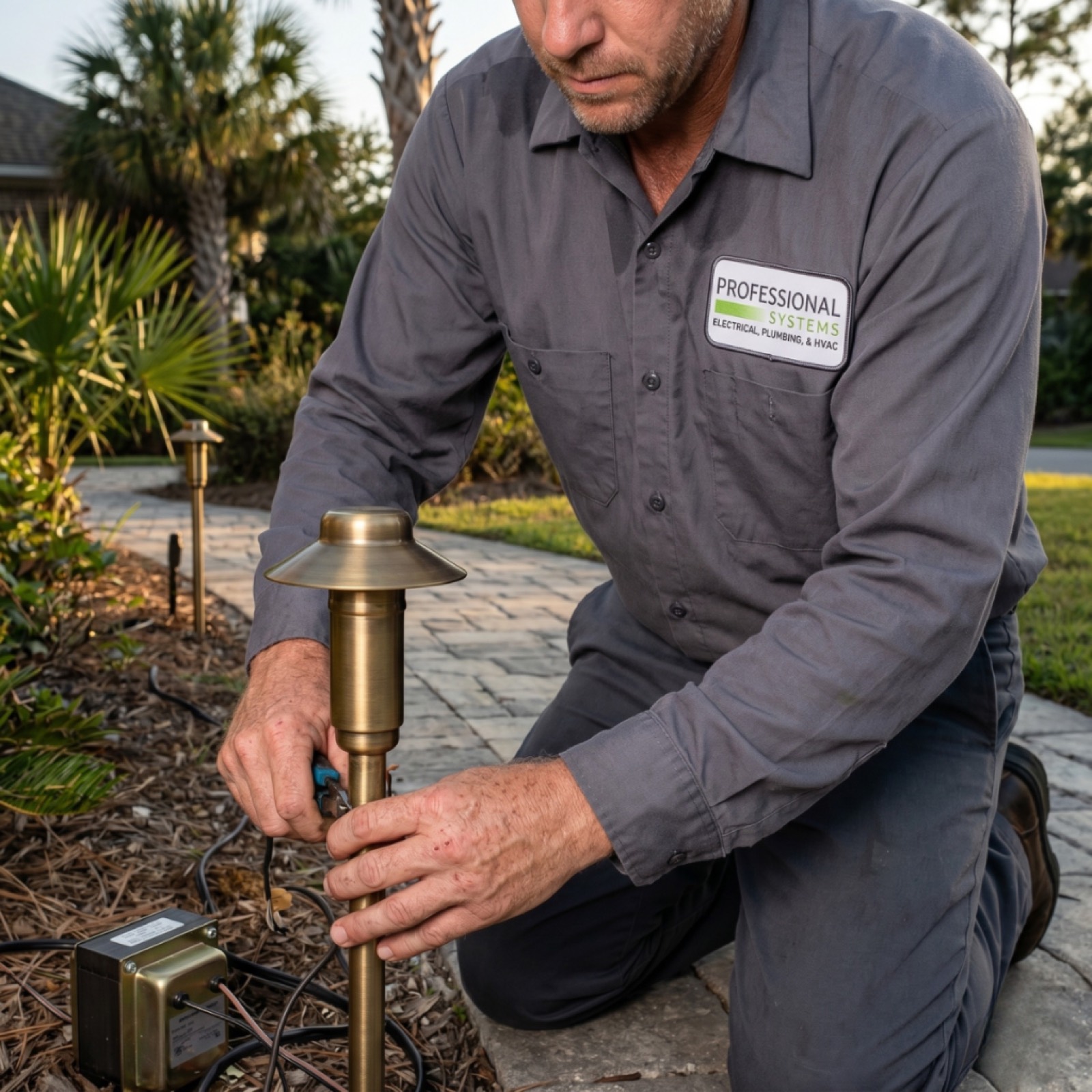 Pro Systems electrician installing landscape path lighting during an outdoor lighting installation in Mobile, AL