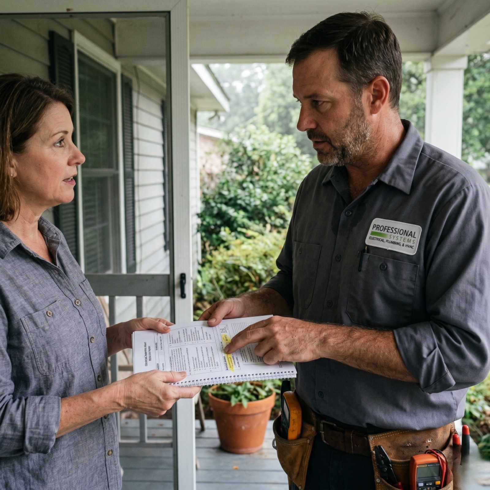 Pro Systems electrician handing a written electrical inspection report to a homeowner during a real-estate inspection on the Gulf Coast.