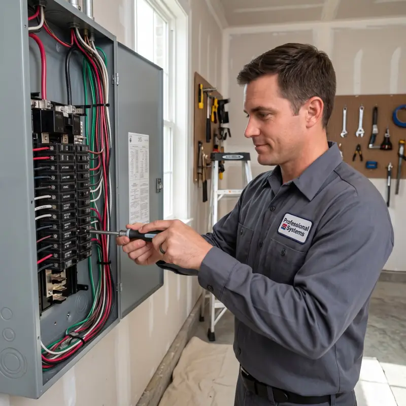 Pro Systems electrician installing a 200-amp residential service panel upgrade in a Mobile, Alabama home.