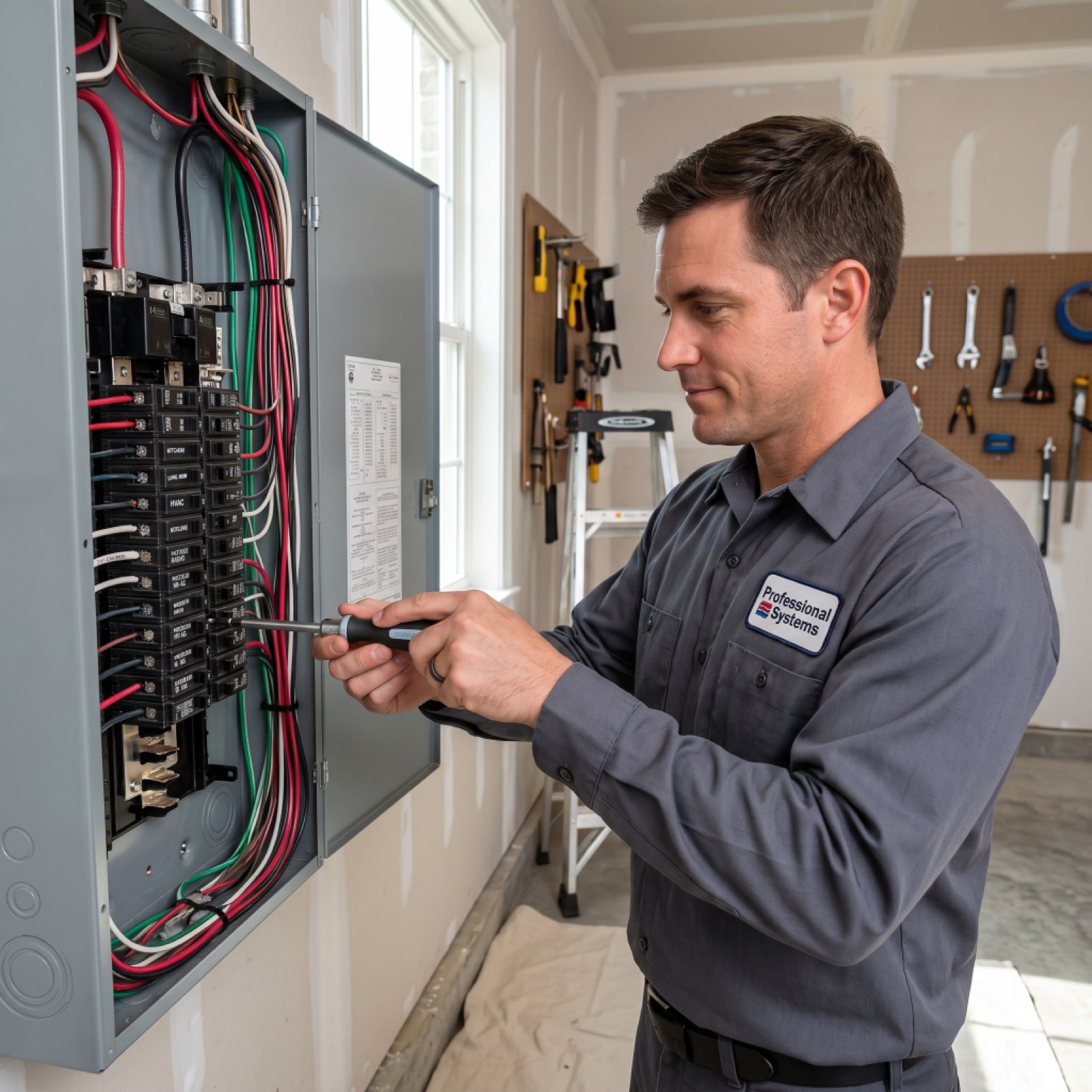Pro Systems electrician installing a 200-amp residential service panel upgrade in a Mobile, Alabama home.