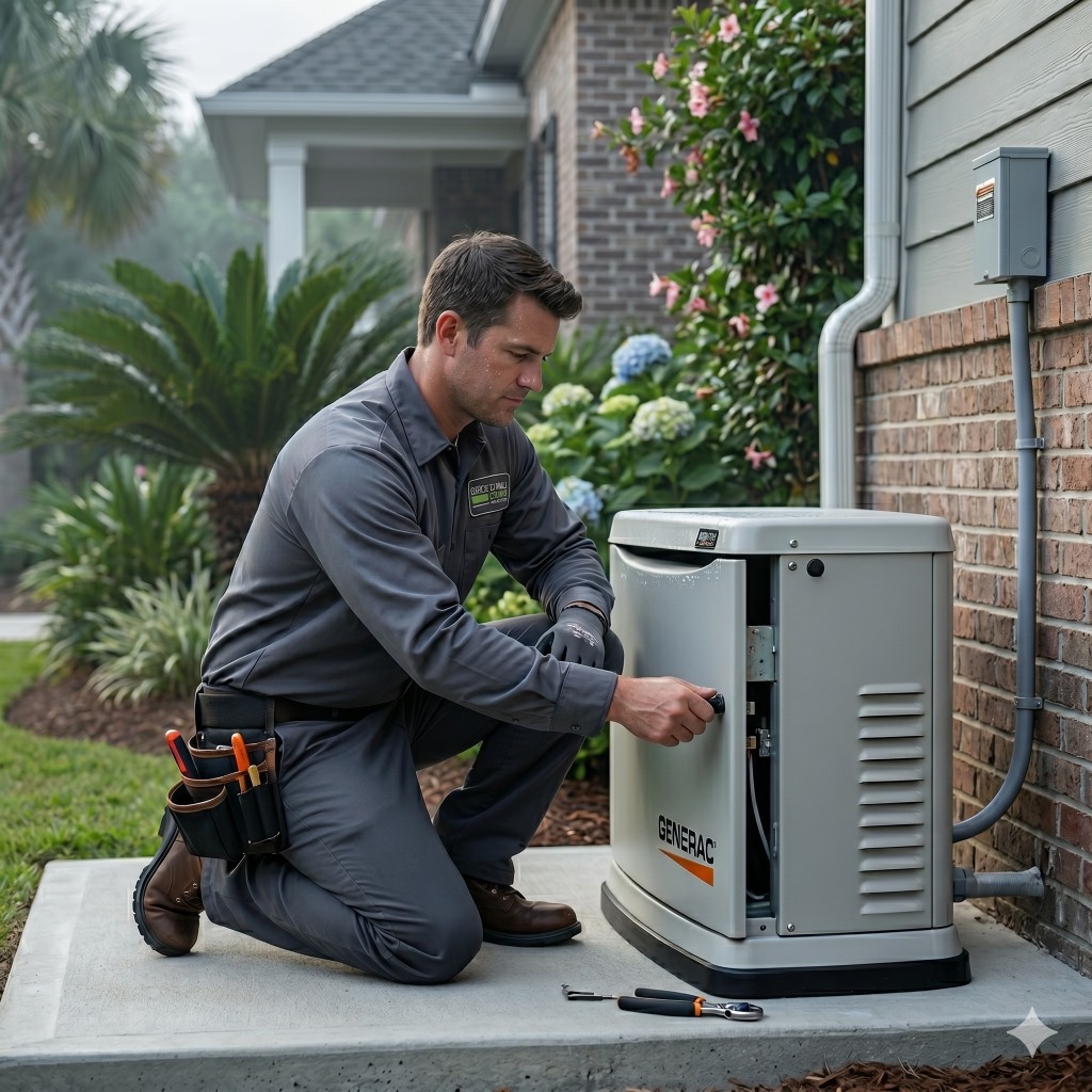 Whole home standby generator installed beside a Mobile, Alabama residence
