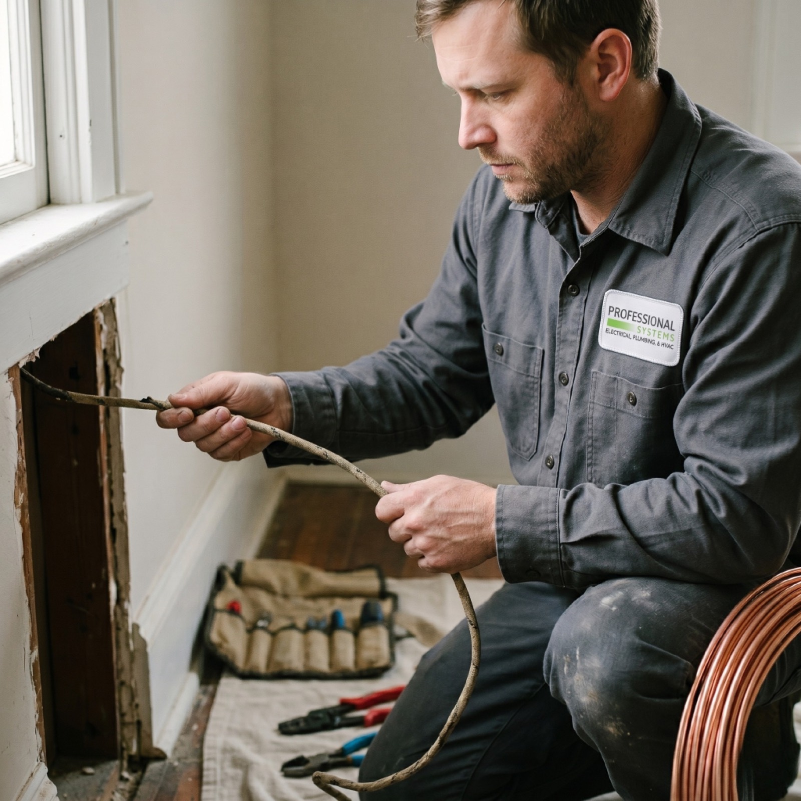 Licensed electrician replacing original knob-and-tube wiring during a whole-house rewire in a Mobile, AL home.
