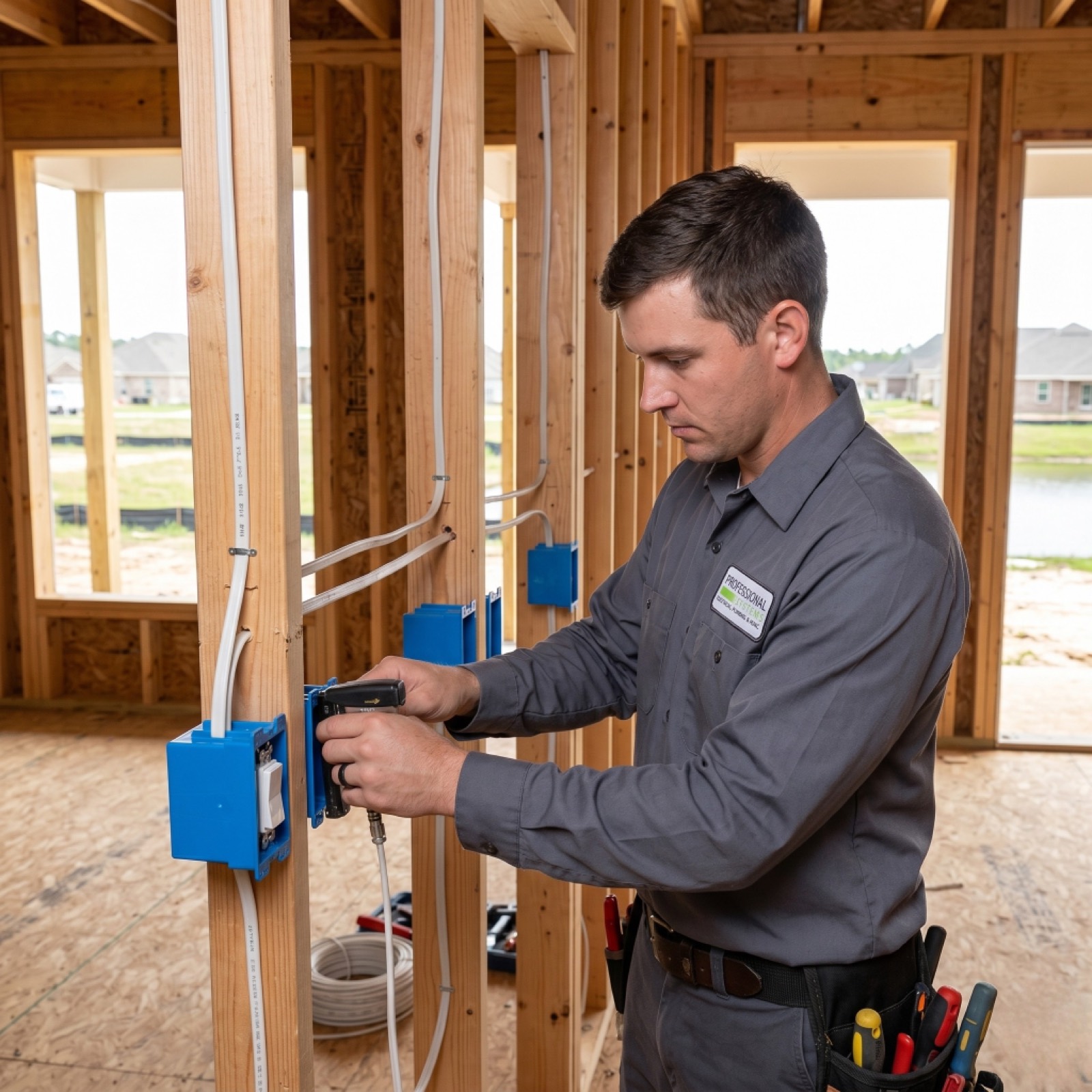 Licensed electrician replacing original knob-and-tube wiring during a whole-house rewire in a Mobile, AL home.