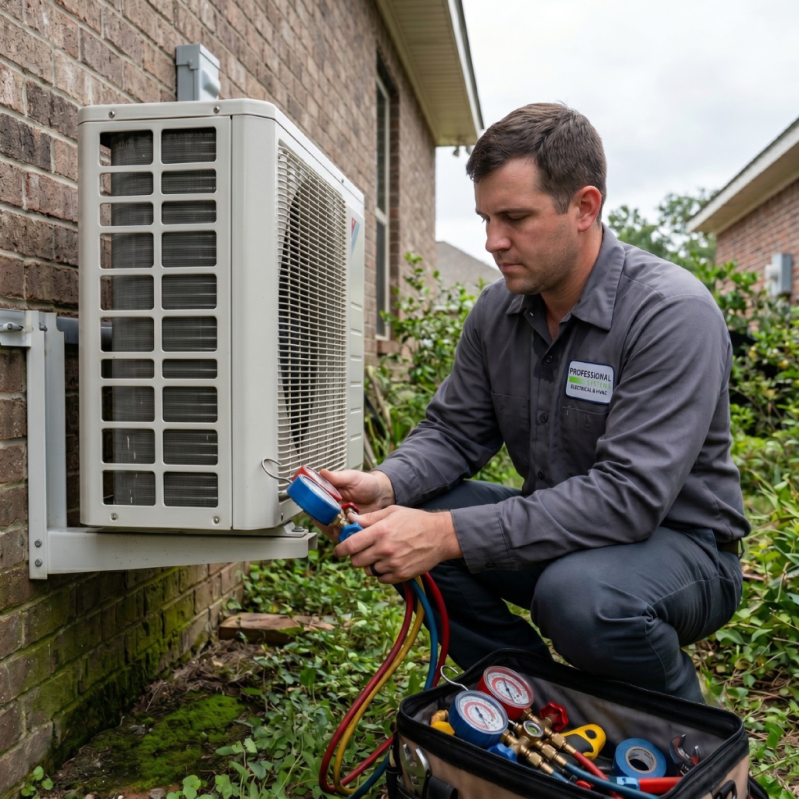 Pro Systems HVAC technician checking refrigerant levels on a residential AC condenser unit in Daphne, AL