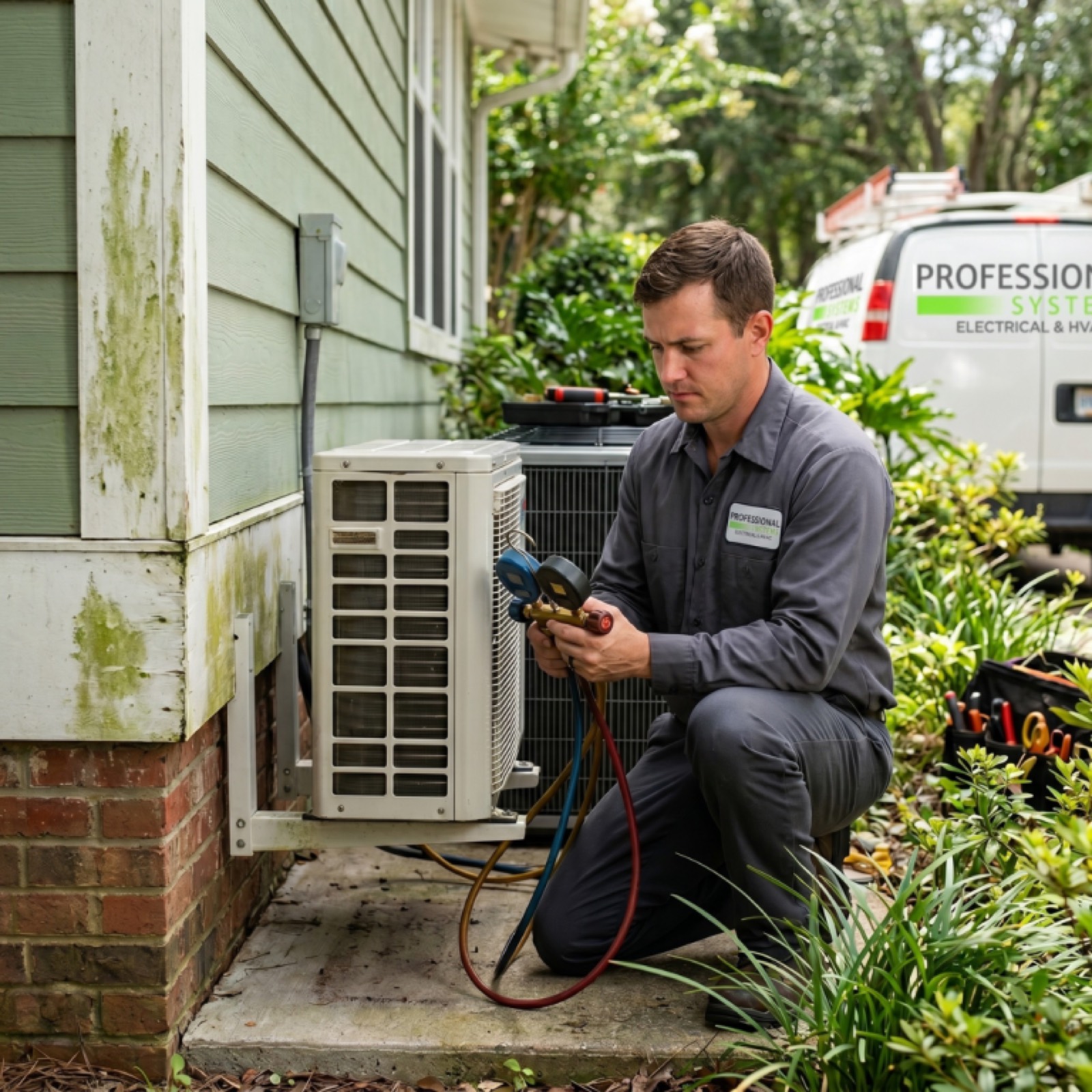 Professional Systems HVAC technician checking refrigerant levels on a residential air conditioner in Fairhope, AL