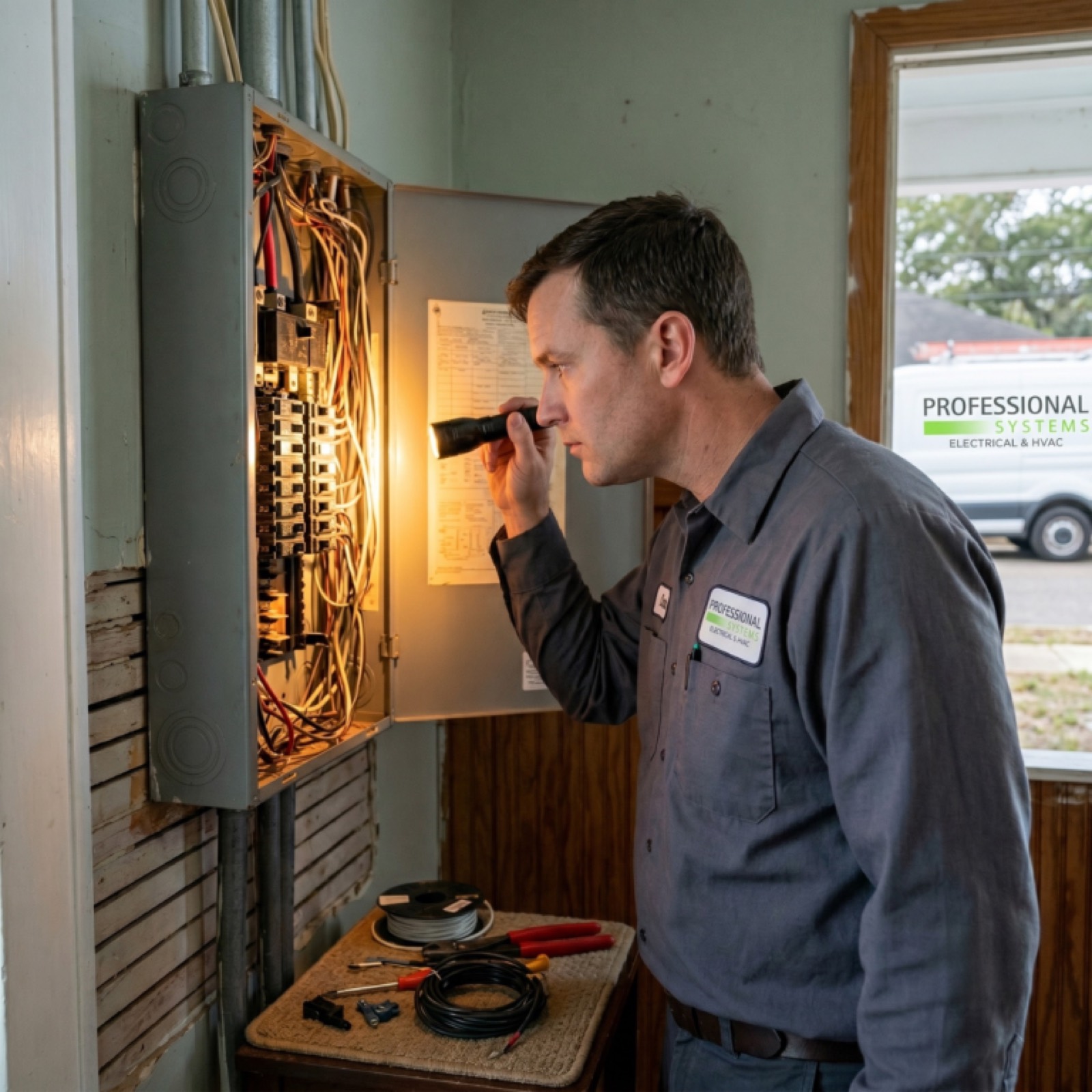 Licensed Professional Systems electrician inspecting an electrical panel inside an older home in Fairhope, Alabama