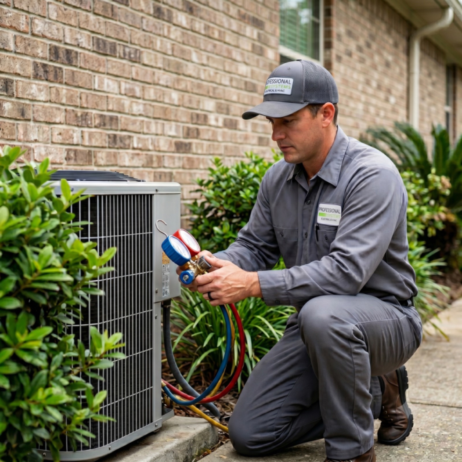 Pro Systems technician servicing an AC condenser at a Saraland, AL home