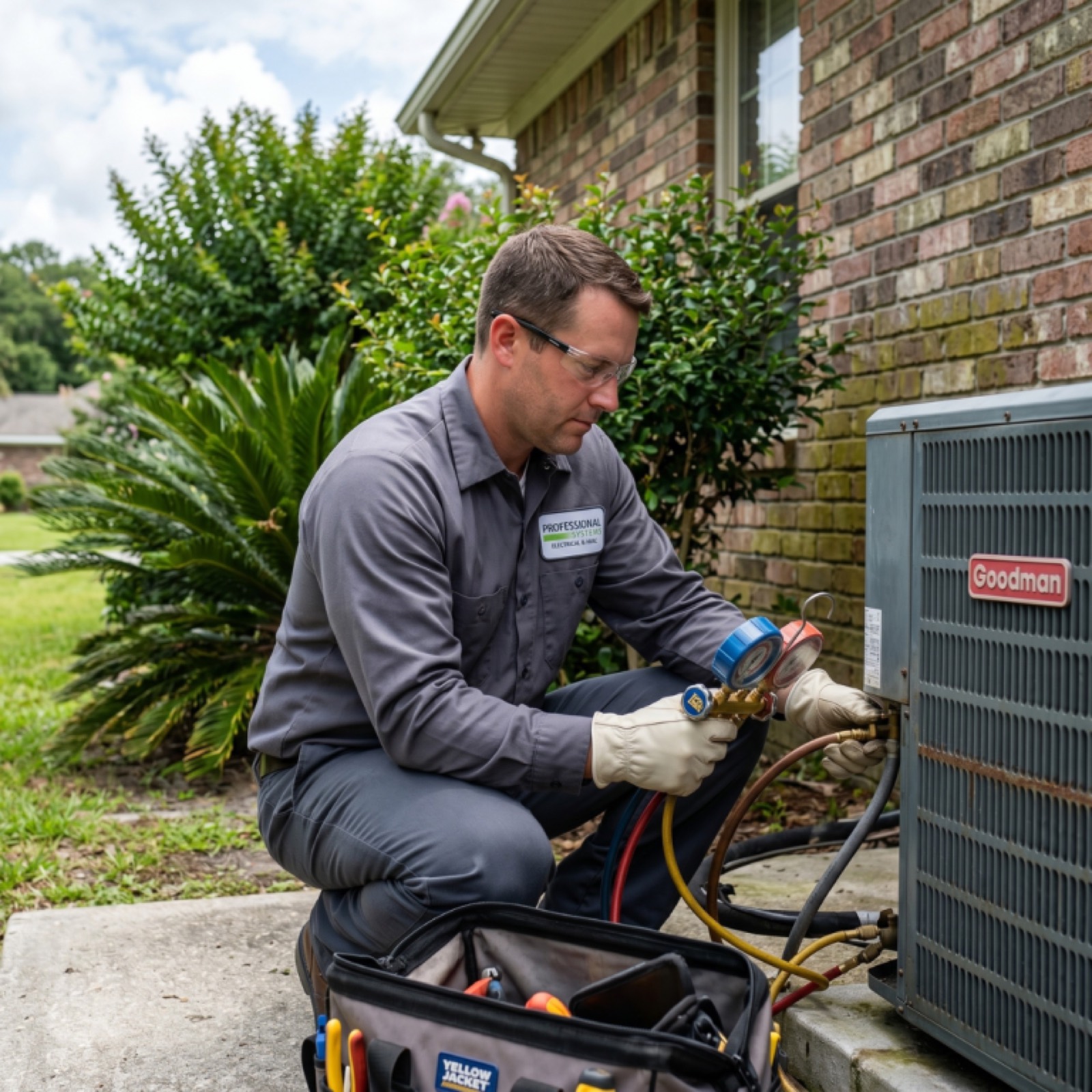 Pro Systems HVAC technician using gauges to service an outdoor AC condenser at a Spanish Fort, AL home
