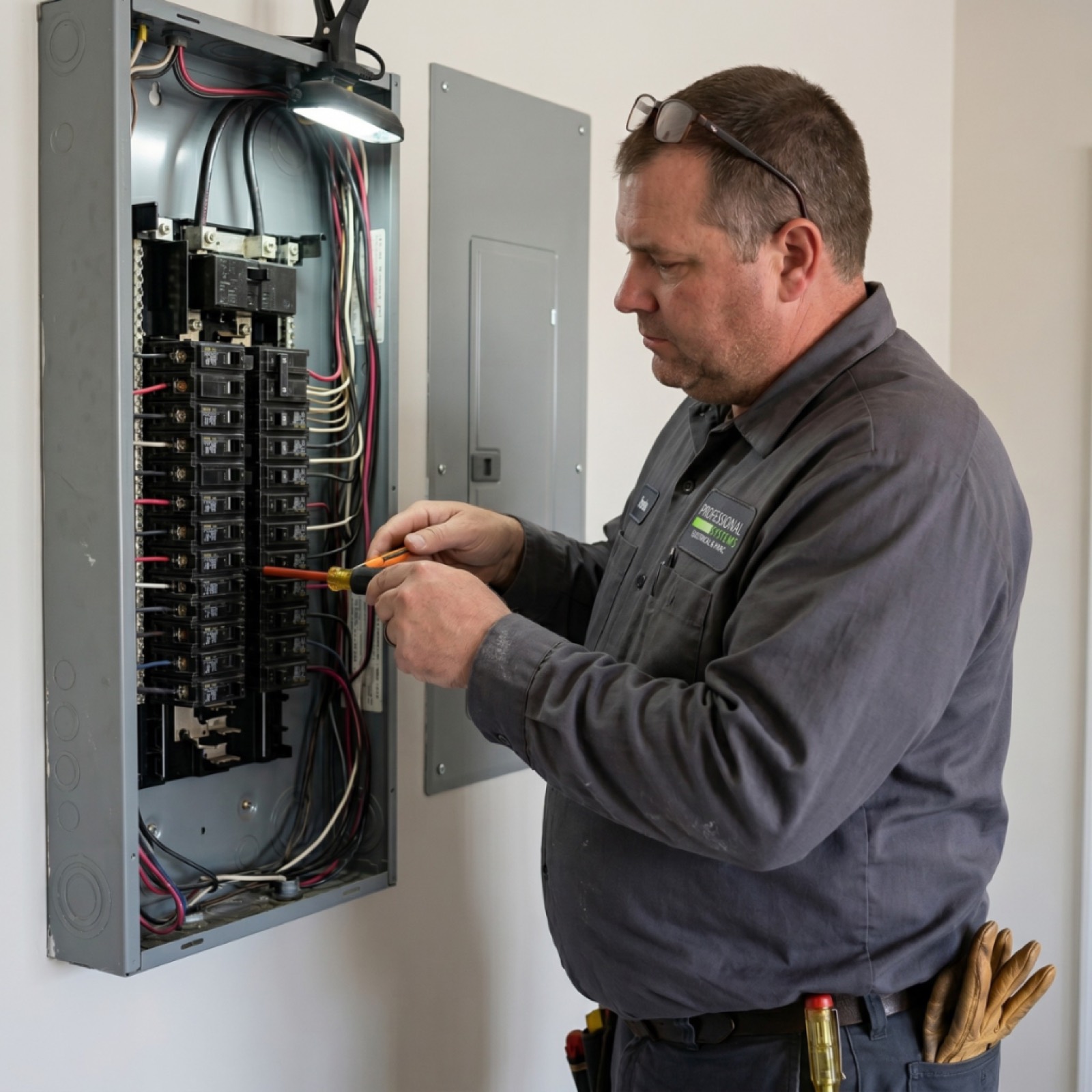 Licensed Pro Systems electrician inspecting a residential electrical panel in Daphne, AL for panel upgrade and circuit assessment