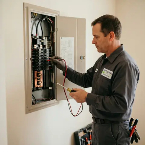 Pro Systems electrician working on an electrical panel in a Saraland, AL home