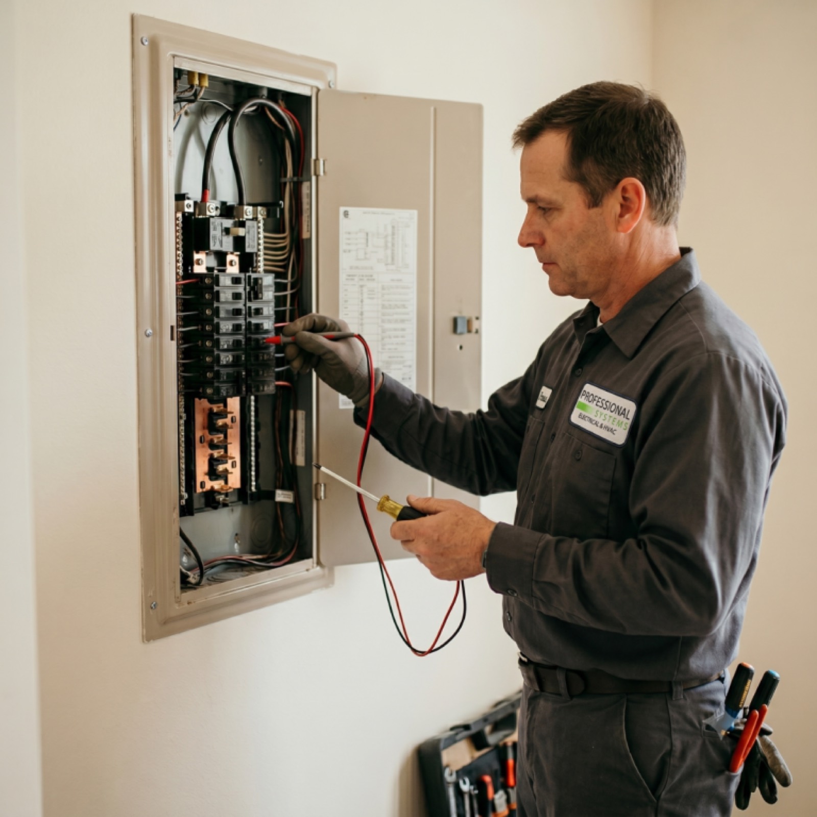 Pro Systems electrician working on an electrical panel in a Saraland, AL home