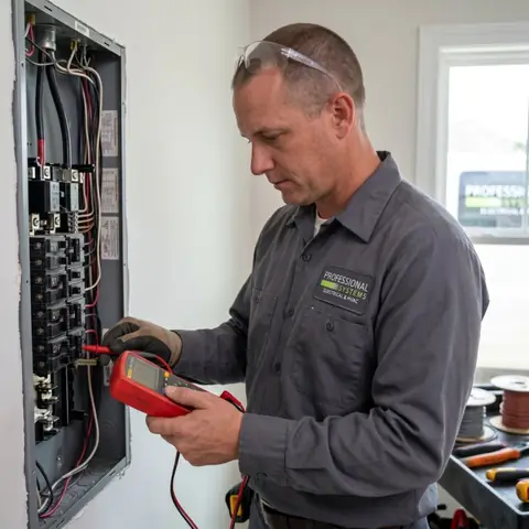 Pro Systems electrician testing a breaker in an open residential electrical panel at a Spanish Fort, AL home