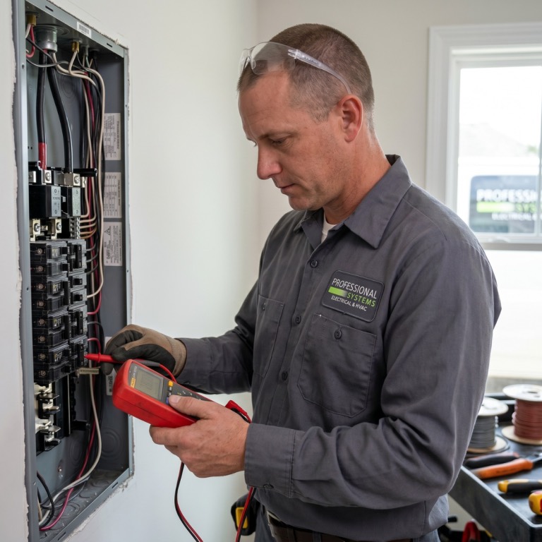 Pro Systems electrician testing a breaker in an open residential electrical panel at a Spanish Fort, AL home