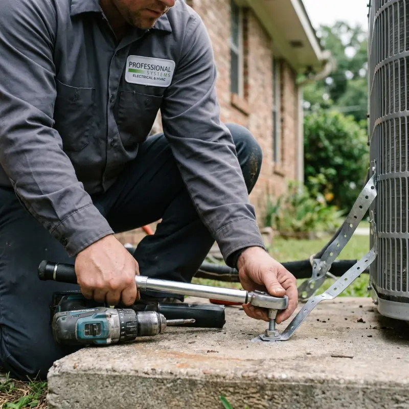 Professional Systems technician installing a galvanized hurricane tie-down strap and anchor on a condenser pad in Mobile, AL