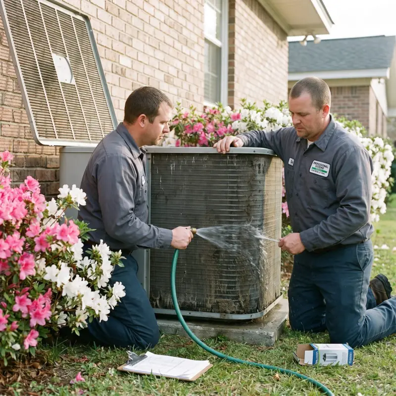 Professional Systems technician rinsing a central air condenser coil during a spring maintenance visit at a Mobile, AL home