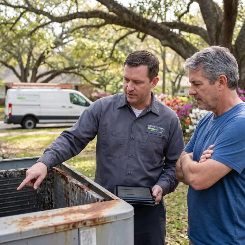 Professional Systems technician showing a Fairhope homeowner the corroded coil of an old AC unit and a repair-versus-replace comparison on a tablet